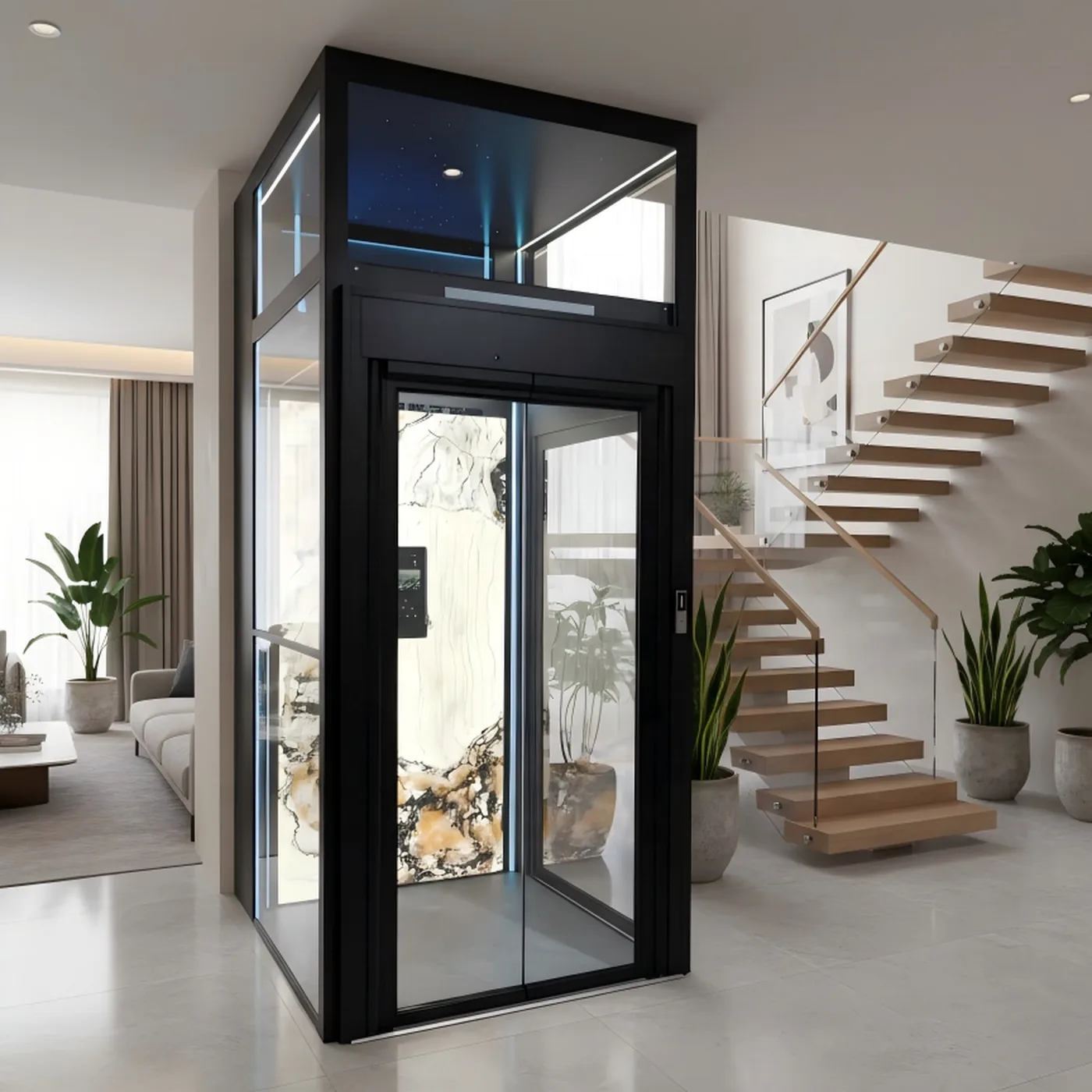 Cabine vitrée d'ascenseur de maison au pied d'un escalier